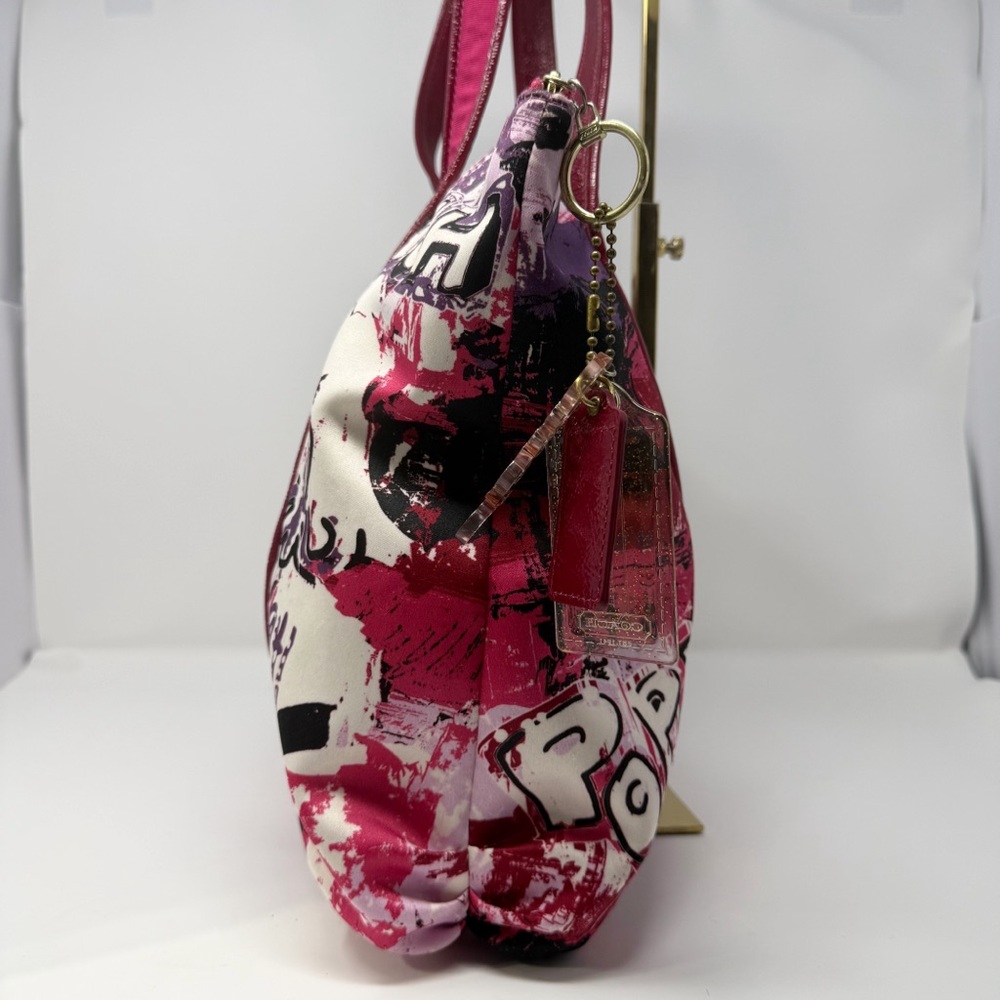 Coach Poppy Graffiti Tote Bag Pink Red Canvas Leather Trim Large Shoulder Bag - Picture 5 of 16